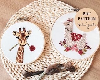 Hand Embroidery PDF Patterns + Video Guide | Giraffe | Llama Alpaca | Embroidery for Beginners | Nursery Decor | Digital Download