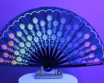 Blooming Rainbow Hand Fan / UV Glow Fan / Rave Accessory / Festival / Loud Clack / Edc / Wonderland / Club Fan / Rave Fan / Flowers / Colors