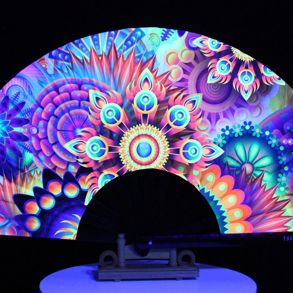 Trippy Wonders Hand Fan / UV Glow Fan / Rave Accessory / Festival / Loud Clack / Edc / Wonderland / Club Fan / Rave Fan / Flowers / Mushroom