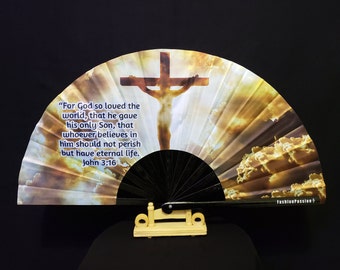 The Crucifixion of Jesus Hand Fan / 3D UV Glow Fan / Clacking Fan / Christians / Catholic holy accessories / Believe in God / God our Savior