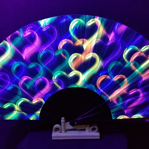 Lots of Love Hand Fan / UV Glow Fan / HEARTS / Neon / 3D / Rave Accessory / Festival / Loud Clack / Large Fan / Edc / Club Fan / Bubbles