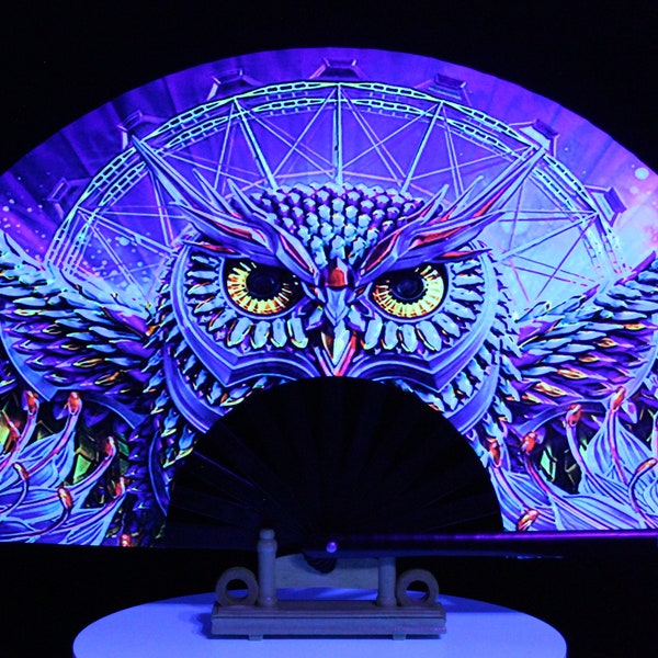 The Party Night Owl Hand Fan / UV Glow Fan / Rave Accessory / Festival / Loud Clack / Edc / Wonderland / Club Fan