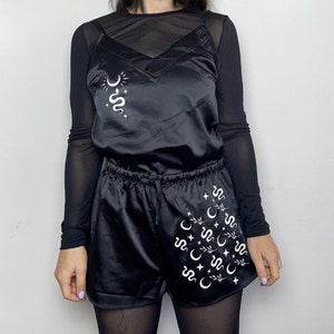 Witchy Black Satin Set of Shorts and Strappy Top, Witchy Clothing, Witchcore Aesthetic, Goth Grunge Clothing, Whimsigoth Clothing