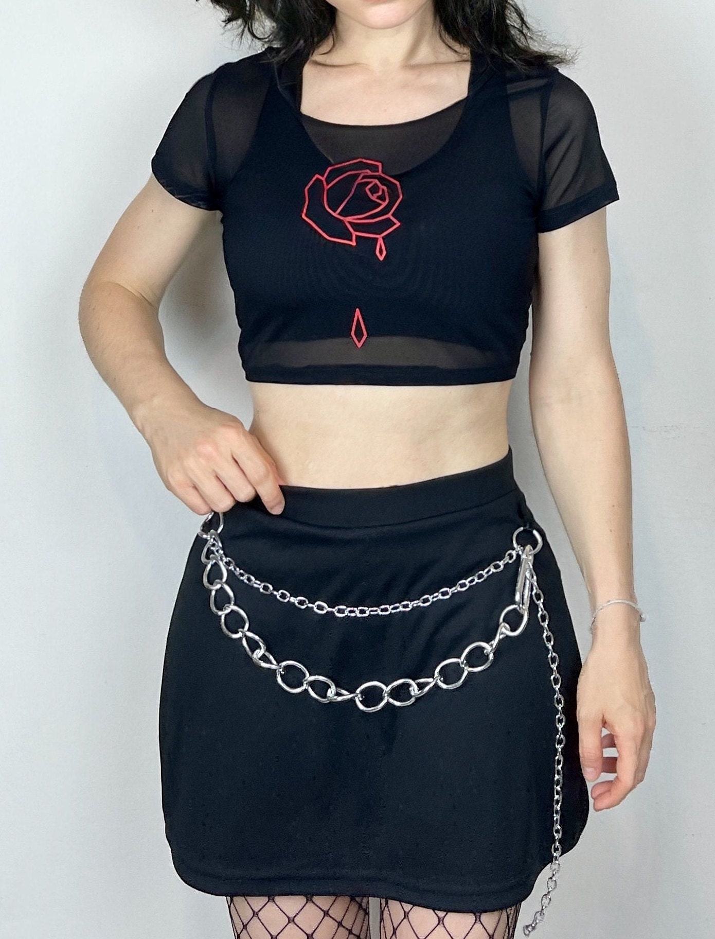 Women's Embellished Red Mesh Crop Top
