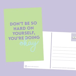 Wees niet zo hard voor jezelf, je doet het goed positieve ansichtkaart | Motiverende postkaart | Affirmatie | Kleurrijk decor | A6 Behangen