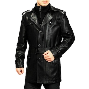 Best Selling Men's Genuine Lambskin Leather Trench Jacket Black Button ...