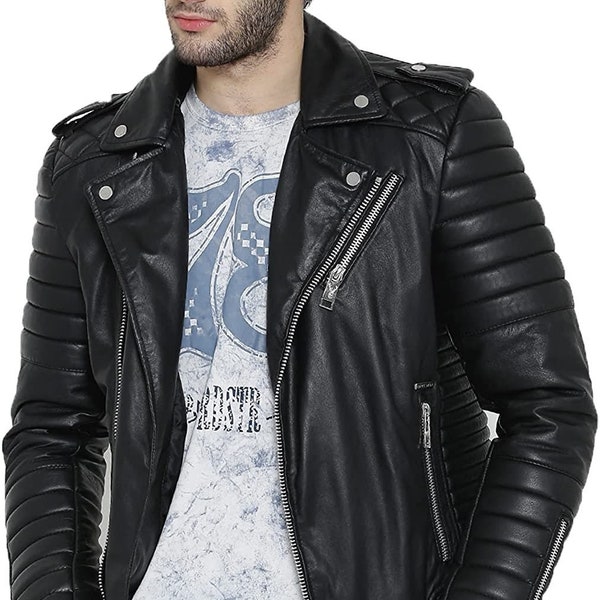 Mens Black Quilted Sheepskin Real Leather Jacket Zipper Biker Moto Slim Fit Jacket