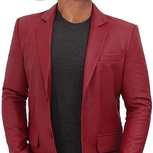Men's Genuine Lambskin Leather Blazer Jacket Red Classic Coat
