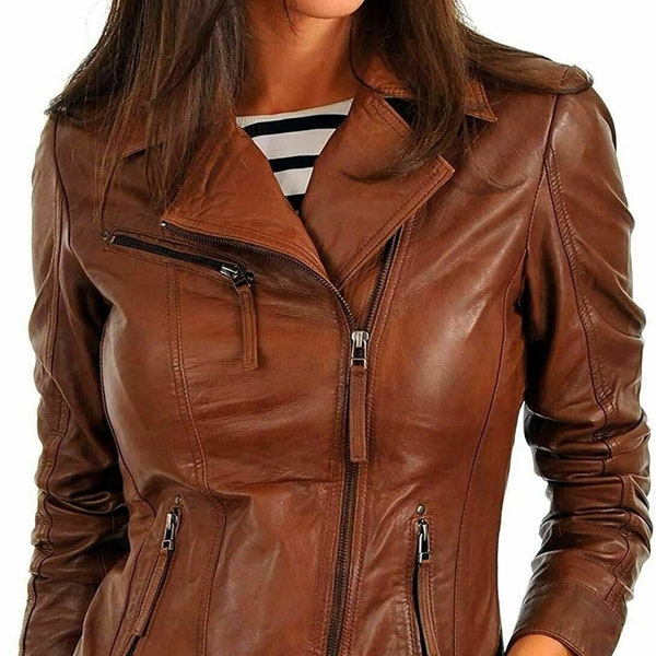 Women's Genuine Lambskin Leather Motorcycle Jacket Christmas Brown Stylish Coat