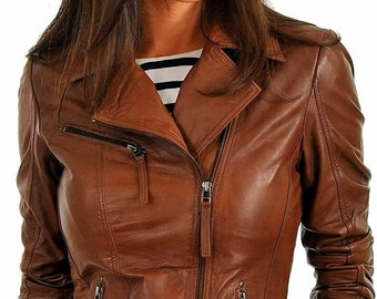 Ladies Women Retro Brown Old School Vintage Leather Motorcycle Biker Jacket Coat Ladies Women Retro Brown Old School Vintage Leather Motorcycle Biker Jacket Coat
