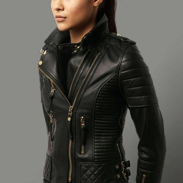 New Women Motorcycle Lambskin Leather Jacket Coat Size XS S M L XL