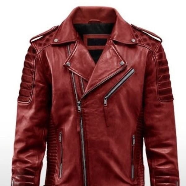 New Men Designer Genuine Lambskin Soft Biker Veste en cuir rouge