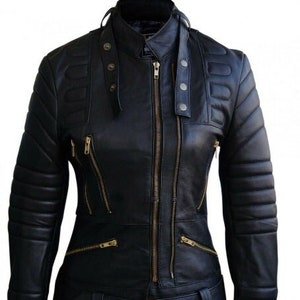 NEW HOT Women Lambskin Real Leather Jacket Motorcycle Quilted Slim Fit Black Coat