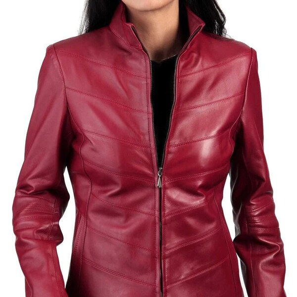 Veste en cuir d’agneau véritable pour femmes Moto Motard Cuir Veste rouge 0026