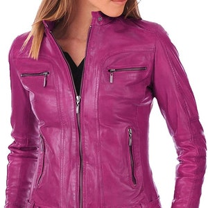Women's Lambskin Real Leather Stylish Jacket Biker Motorcycle Slim Fit Pink Coat