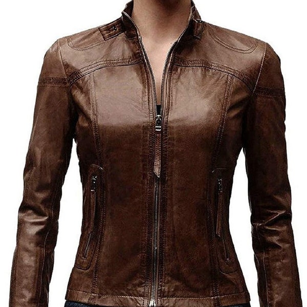 CHAUD! Veste en cuir d’agneau véritable pour femmes Slim Fit Biker Veste marron Manteau