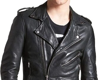 Real Leather Jacket Zipper Biker 