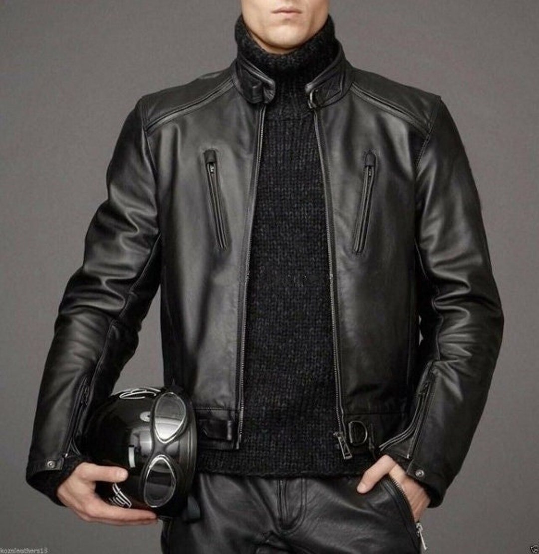 Men's Genuine Lambskin Leather Black Jacket Slim Fit Biker Motorcycle ...