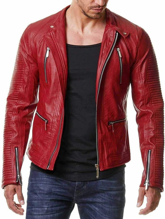 Mens Leather Red Jacket Slim Fit Biker Motorcycle Genuine | Etsy