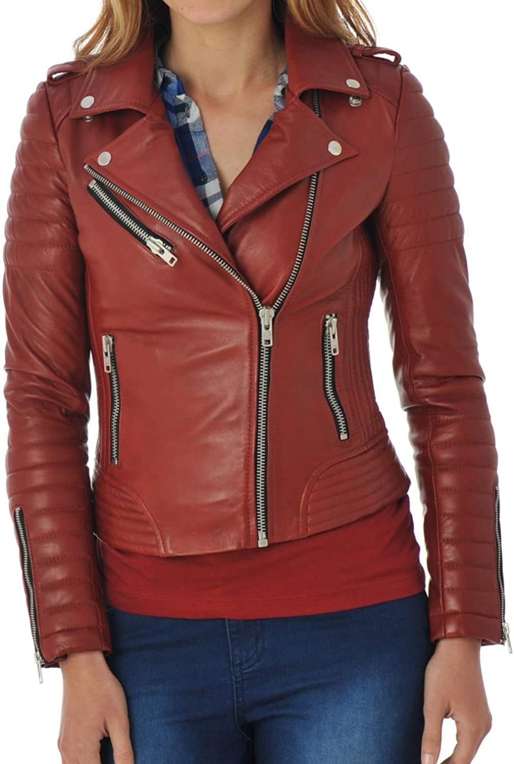 New Red Women Biker Motorcycle leather jacket Genuine Lambskin Size XS S M L XL 
