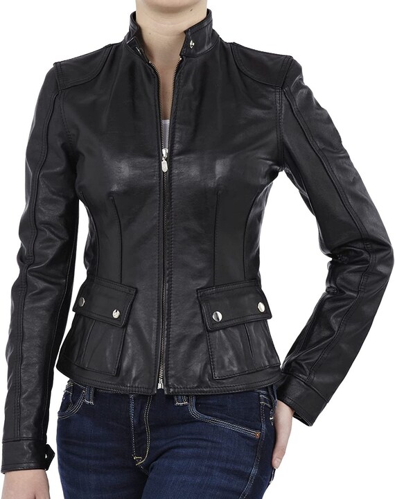 Womens Genuine Lambskin Leather Jacket Motorcycle Biker - Etsy