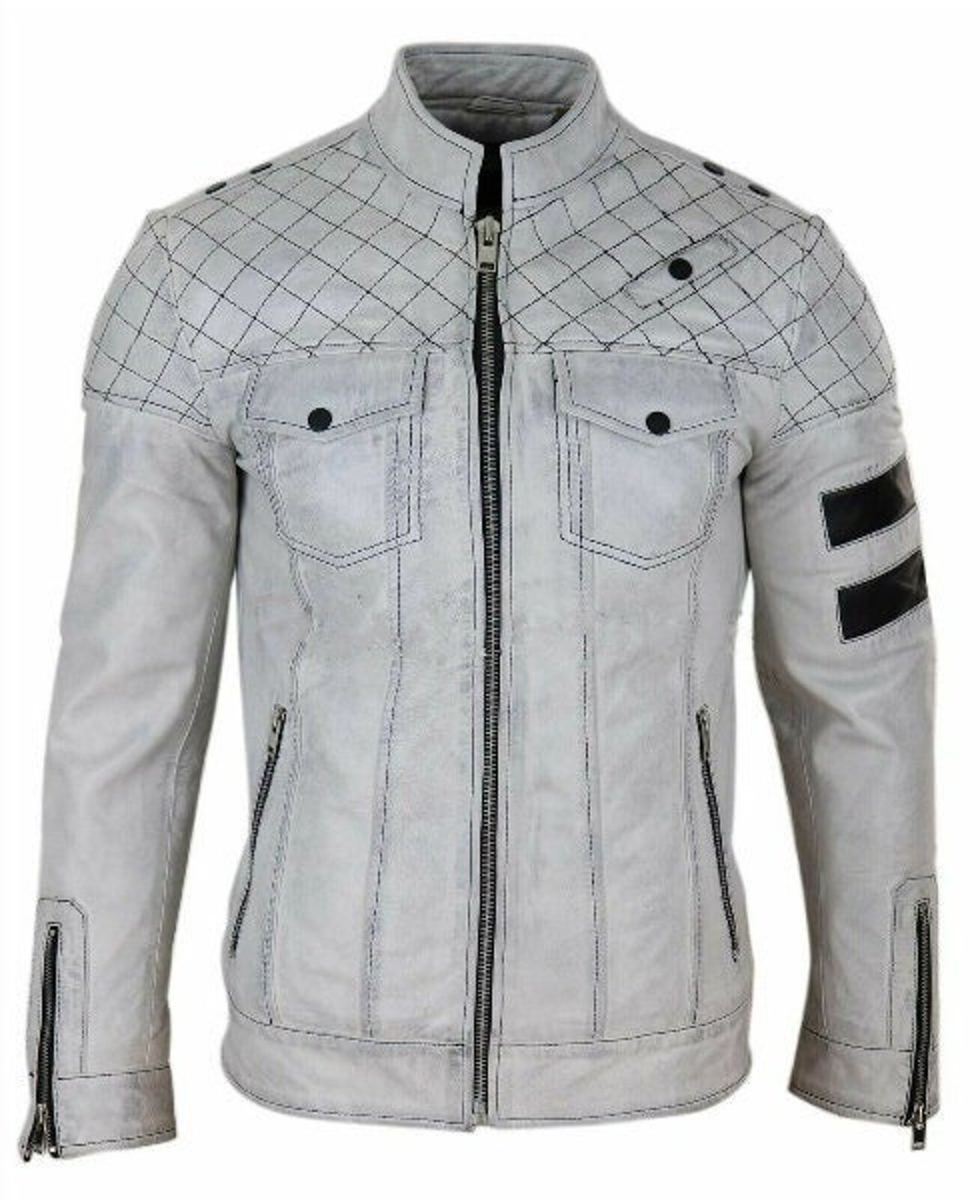 New Mens Leather Jacket Slim Fit Biker White Motorcycle Genuine ...