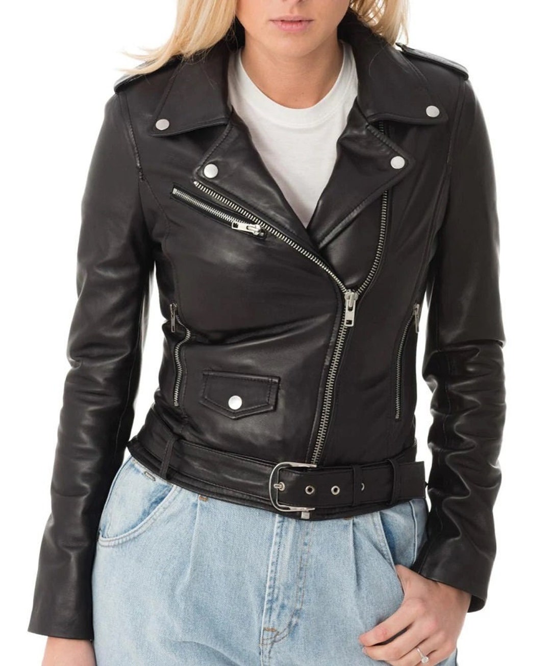 Women's Genuine Lambskin Leather Jacket Black Motorcycle Slim Fit Biker ...