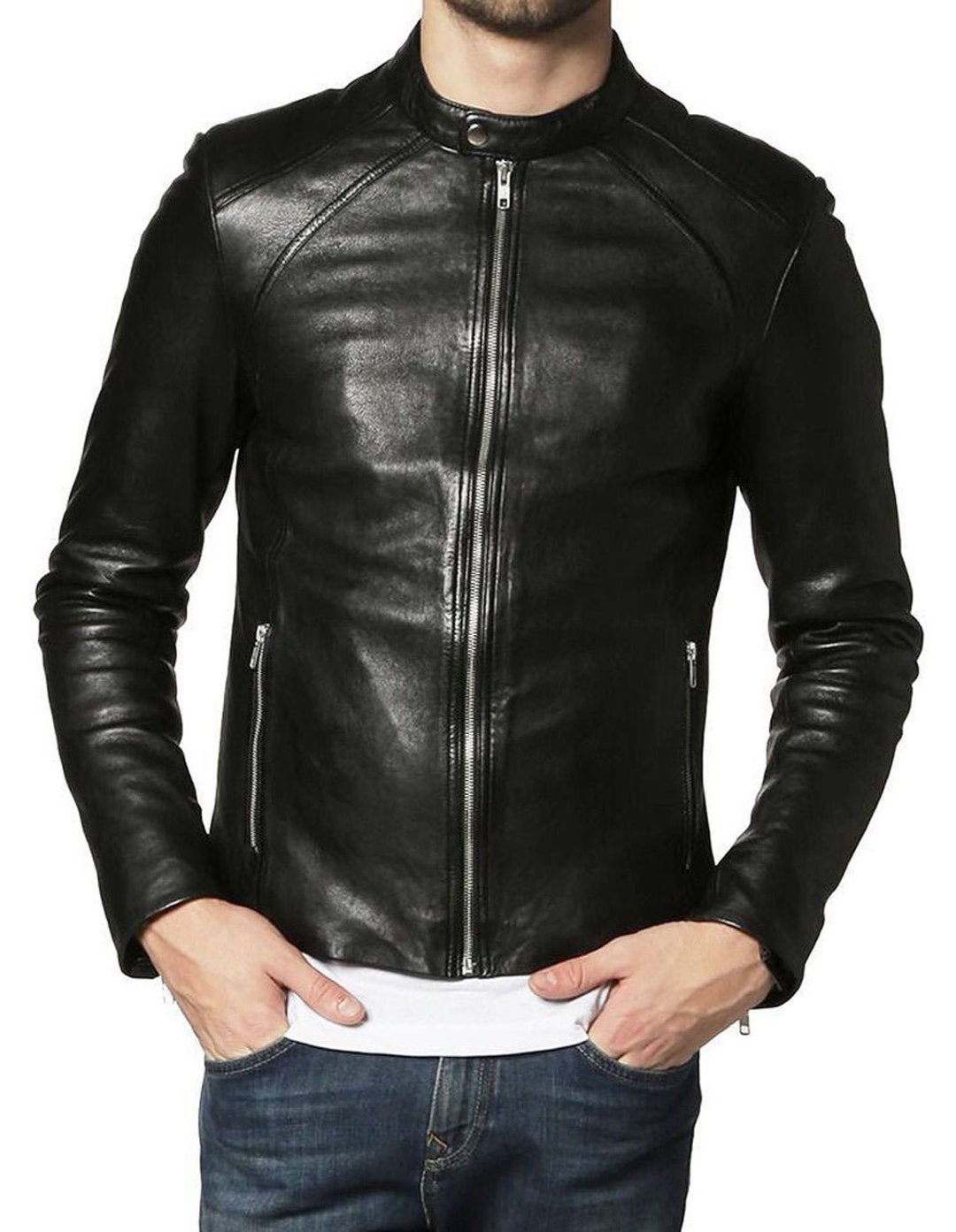 Men's Genuine Lambskin Leather Jacket Slim Fit Motorcycle Jacket - Etsy