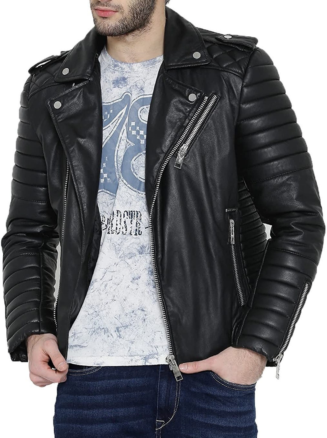 Mens Black Quilted Sheepskin Real Leather Jacket Zipper Biker - Etsy