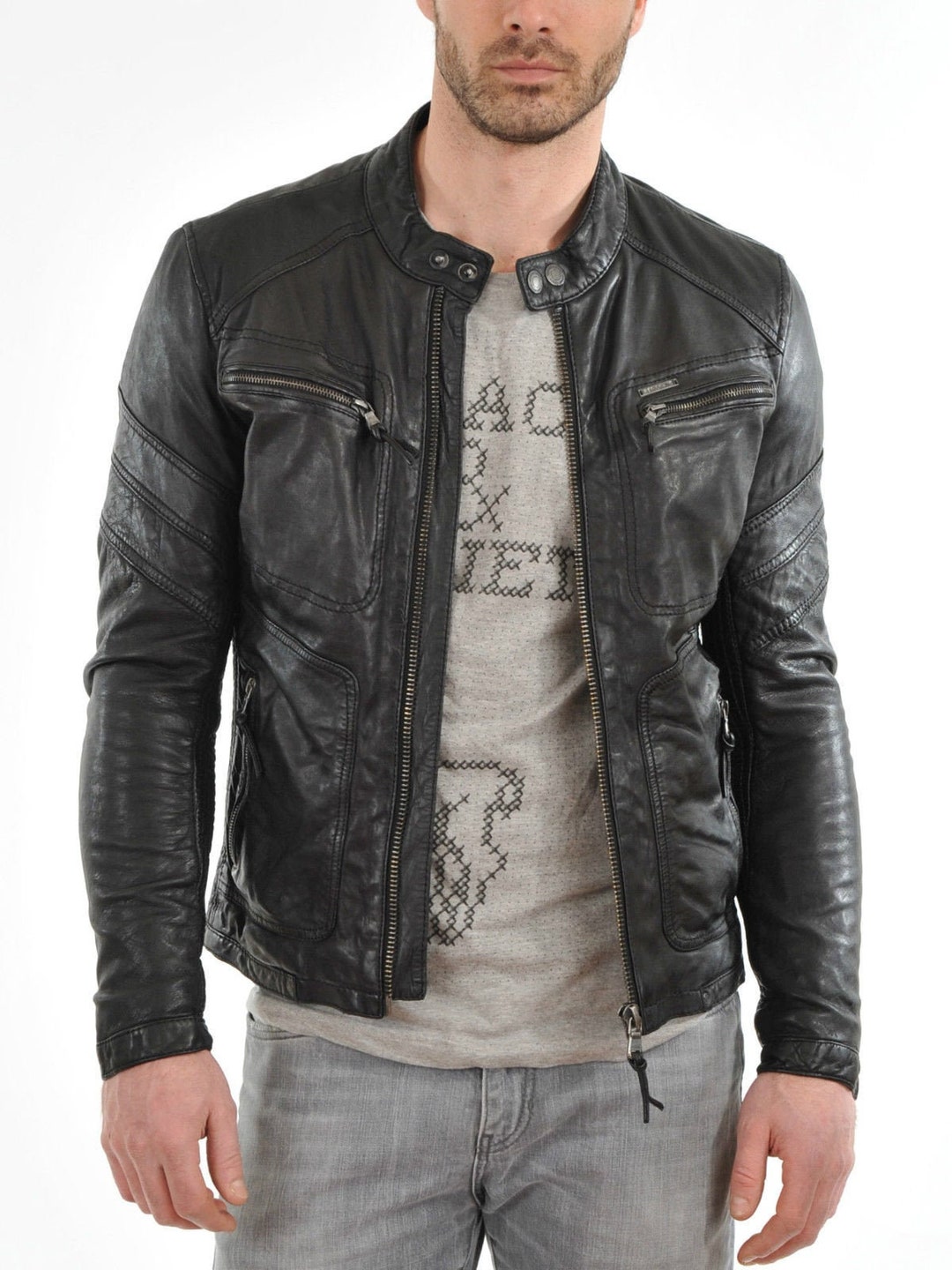 New Genuine Lambskin Leather Designer Jacket Motorcycle Biker Men's S M ...