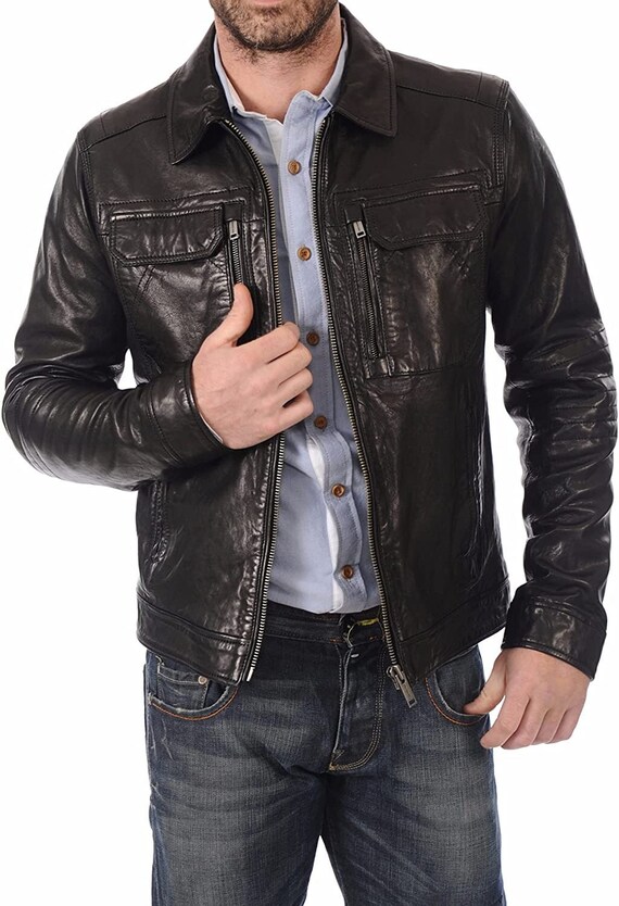 New Mens Leather Jacket Slim Fit Biker Motorcycle Genuine - Etsy