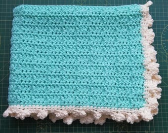 Handmade Crochet Baby Blanket: Cream & Mint Pram Blanket