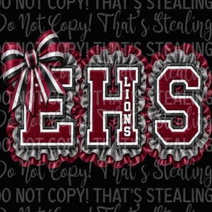 Puede incluir: Un diseño gráfico con las letras EHS en una fuente universitaria granate y blanca, rodeadas por bordes de tela fruncida granate y plateada. Un gran lazo a rayas granate, plateado y negro está unido a la letra E. La palabra LIONS es vertical.
