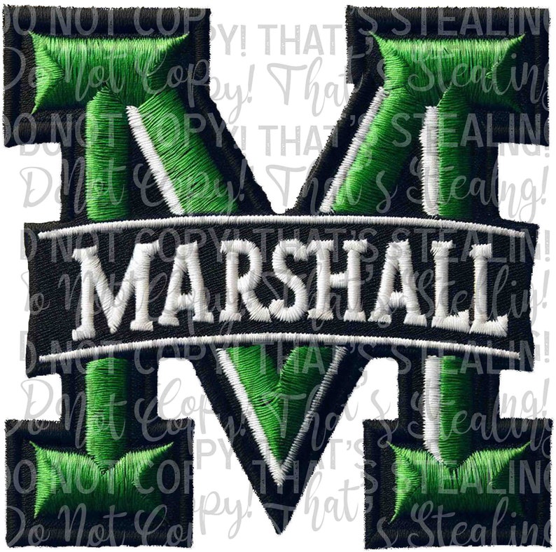 May include: Green and white embroidered patch with the letter "M" and the word "MARSHALL" in white text on a black background.