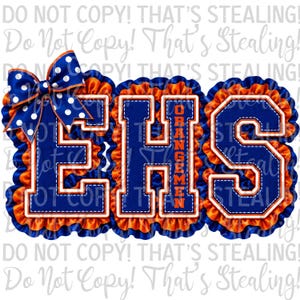 May include: A decorative badge featuring the letters EHS in dark blue with orange outlines, surrounded by ruffled orange and blue fabric trim. The letter H includes the vertical text ORANGEMEN in orange. A blue bow with white polka dots is attached.