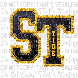 May include: A black letter S and a black letter T with yellow ruffled fabric trim along the edges. The letter T features the word TIDE printed vertically in yellow block letters. The letters have visible white stitching along the inner and outer borders.