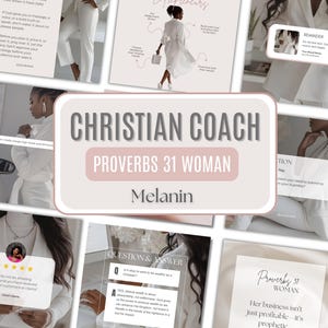 Peut inclure: Un collage d'images avec un graphique central indiquant "CHRISTIAN COACH PROVERBS 31 WOMAN Melanin". Les images présentent une femme en costume blanc, ainsi que du texte et des graphiques liés au coaching et aux affaires.