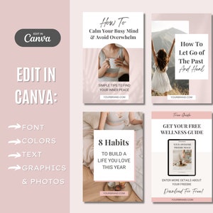 May include: Four pink and white social media graphics with text overlays. The first graphic says "How To Calm Your Busy Mind & Avoid Overwhelm" with a woman holding a cup of tea. The second graphic says "How To Let Go of The Past And Heal" with a woman in a white dress with her arms raised. The third graphic says "8 Habits To Build A Life You Love This Year" with a woman sitting on a bed. The fourth graphic says "Get Your Free Wellness Guide" with a book cover that says "Your Authentic Free-Style Dance".