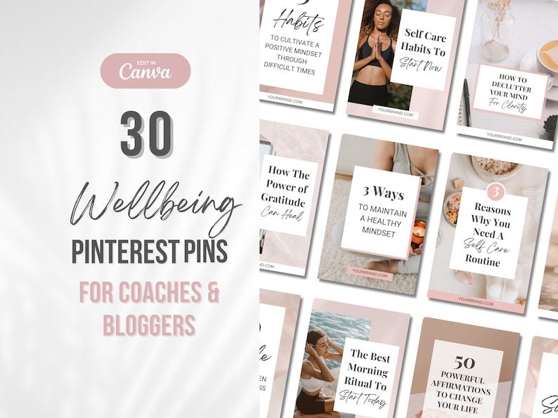 May include: A collection of 30 pink and white Pinterest pins for coaches and bloggers. The pins feature text about self-care, gratitude, and mindfulness. The text on the pins includes phrases like "How The Power of Gratitude Can Heal", "Self Care Habits To Start Now", and "3 Ways To Maintain A Healthy Mindset".