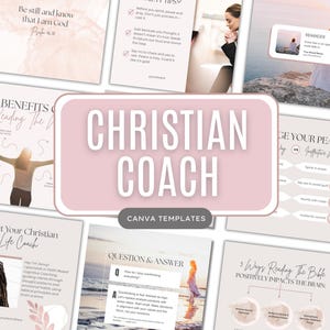 May include: A collection of Canva templates with a soft, pastel color scheme. The central design element features the text "CHRISTIAN COACH" in large, white letters. Additional text and graphics are visible, including inspirational quotes and coaching tips.