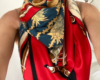 Pelican Print Silk Scarf | Red and Blue silk scarf 130 x 130cm