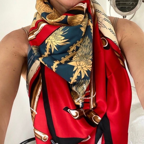 Pelican Print Silk Scarf | Red and Blue silk scarf 130 x 130cm