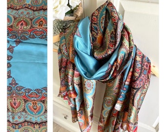 Large Moroccan style Silk Scarf- Turquoise paisley scarf - silk neck scarf - silk shawl