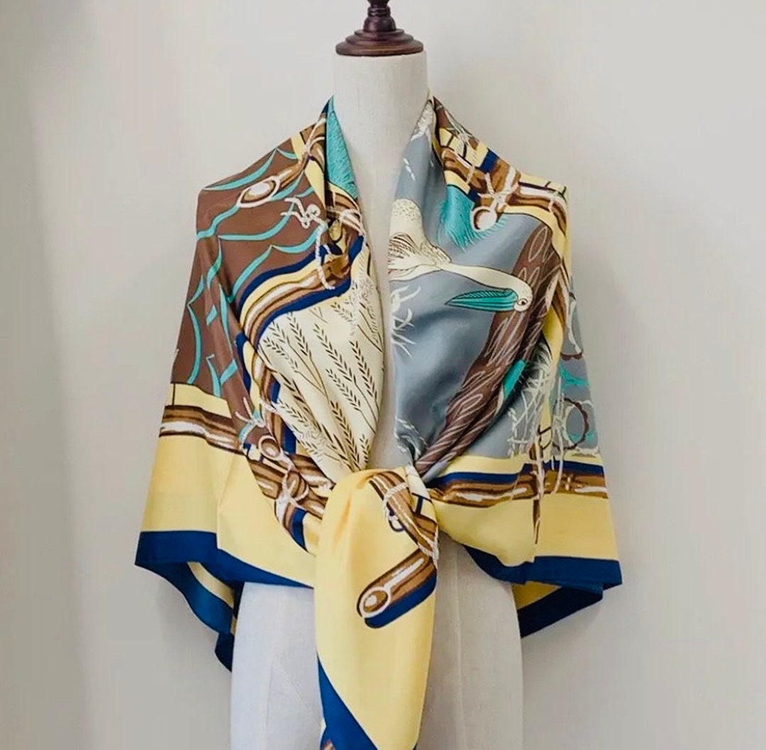 Pelican Print Silk Scarf Pale Yellow and Turquoise Silk Etsy