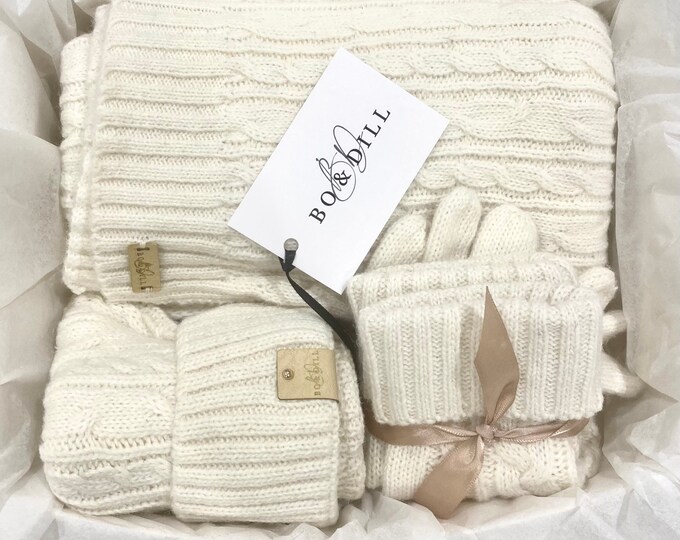 Cream Wool Hat Gloves and Scarf Set Wool Hat Winter Hat and Gloves Gift