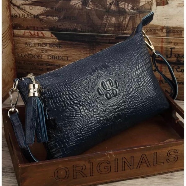 Black genuine leather clutch - navy clutch bag - leather handbag - crock leather style handbag