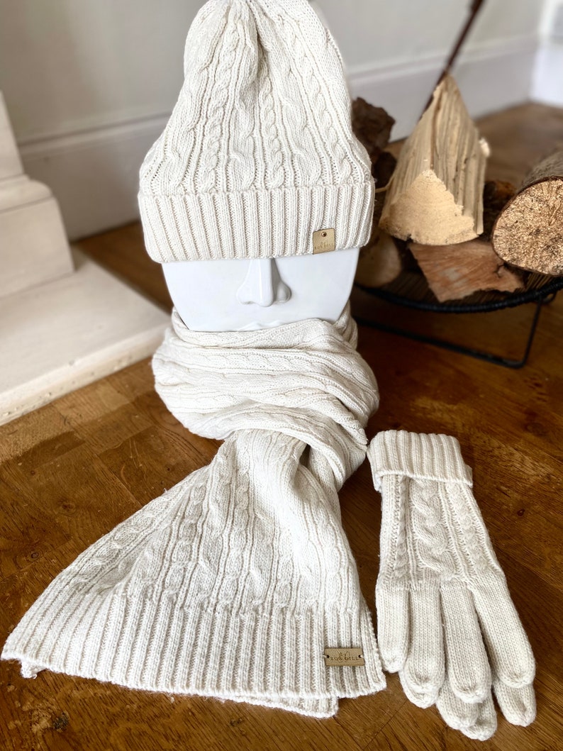 Cream Wool Hat Gloves and Scarf Set Wool Hat Winter Hat and Gloves Gift