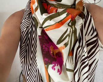 Orange safari tropical Print Silk Scarf | Tiger Stripe and floral print silk scarf 130 x 130cm