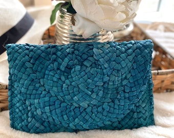 Teal Straw clutch | straw clutch bag | Bohemia purse | festival bag | eco bag