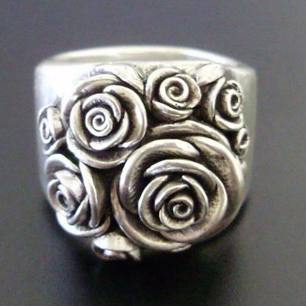 Vintage Women 925 Silver Handmade Carved Rose Flower Ring Bride Wedding Jewelry